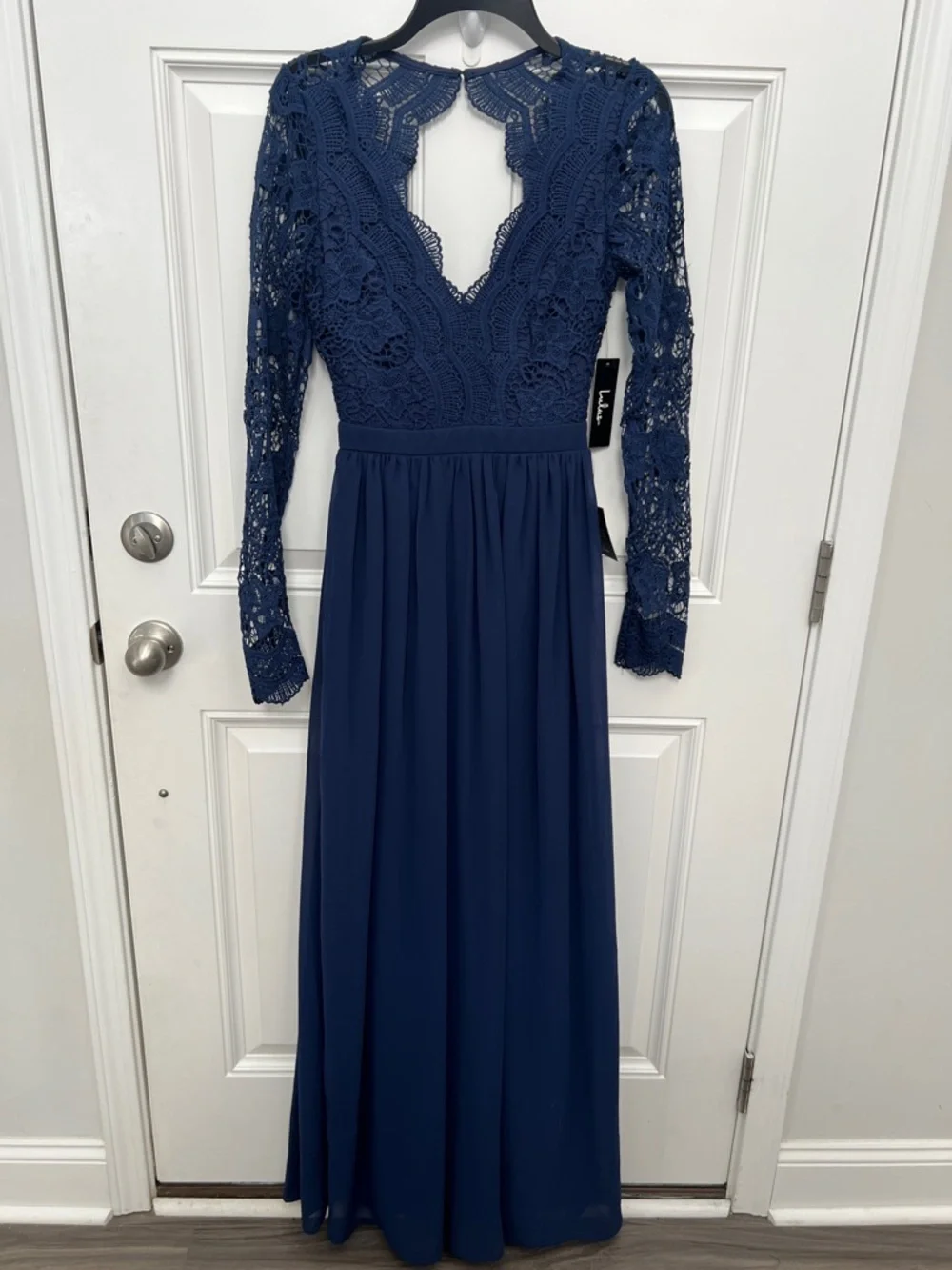 Lulus Awaken My Love Navy Blue Crochet‎ Lace Long Sleeve Maxi Dress Small NWT